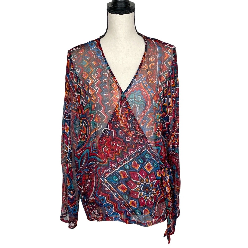 Chicos Sheer Southwestern Print Silk Wrap Top Size 2 Colorful Boho Chic Festival